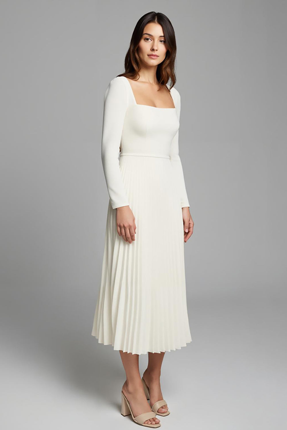Ivory A Line Pleated Square Neck Long Work Dress with Sleeves