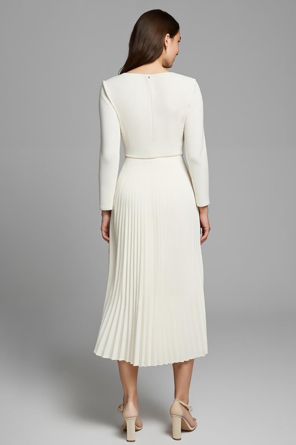 Ivory A Line Pleated Square Neck Long Work Dress with Sleeves