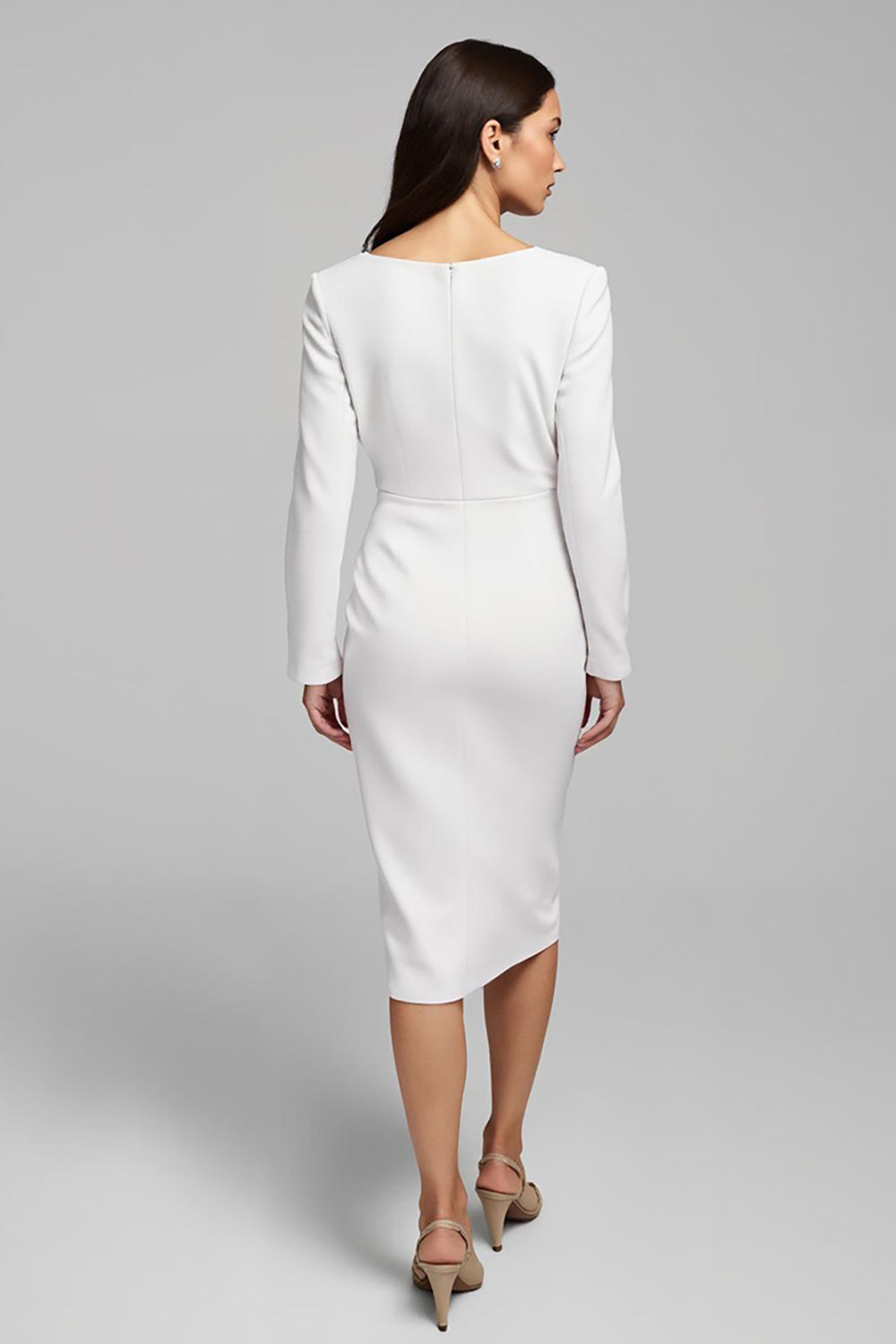 Ivory Satin Ruched V-Neck Midi Sheath Work Dress with Slit