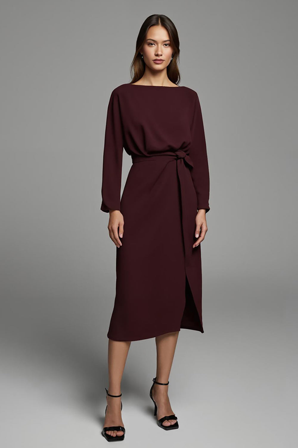 Cabernet Pencil Satin Bateau Long Sleeves Midi Work Dress with Slit