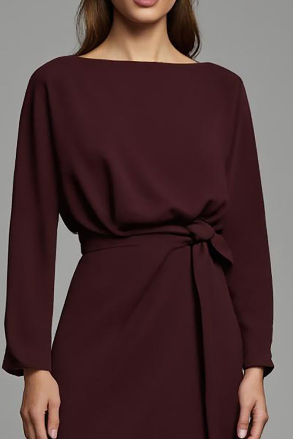 Cabernet Pencil Satin Bateau Long Sleeves Midi Work Dress with Slit