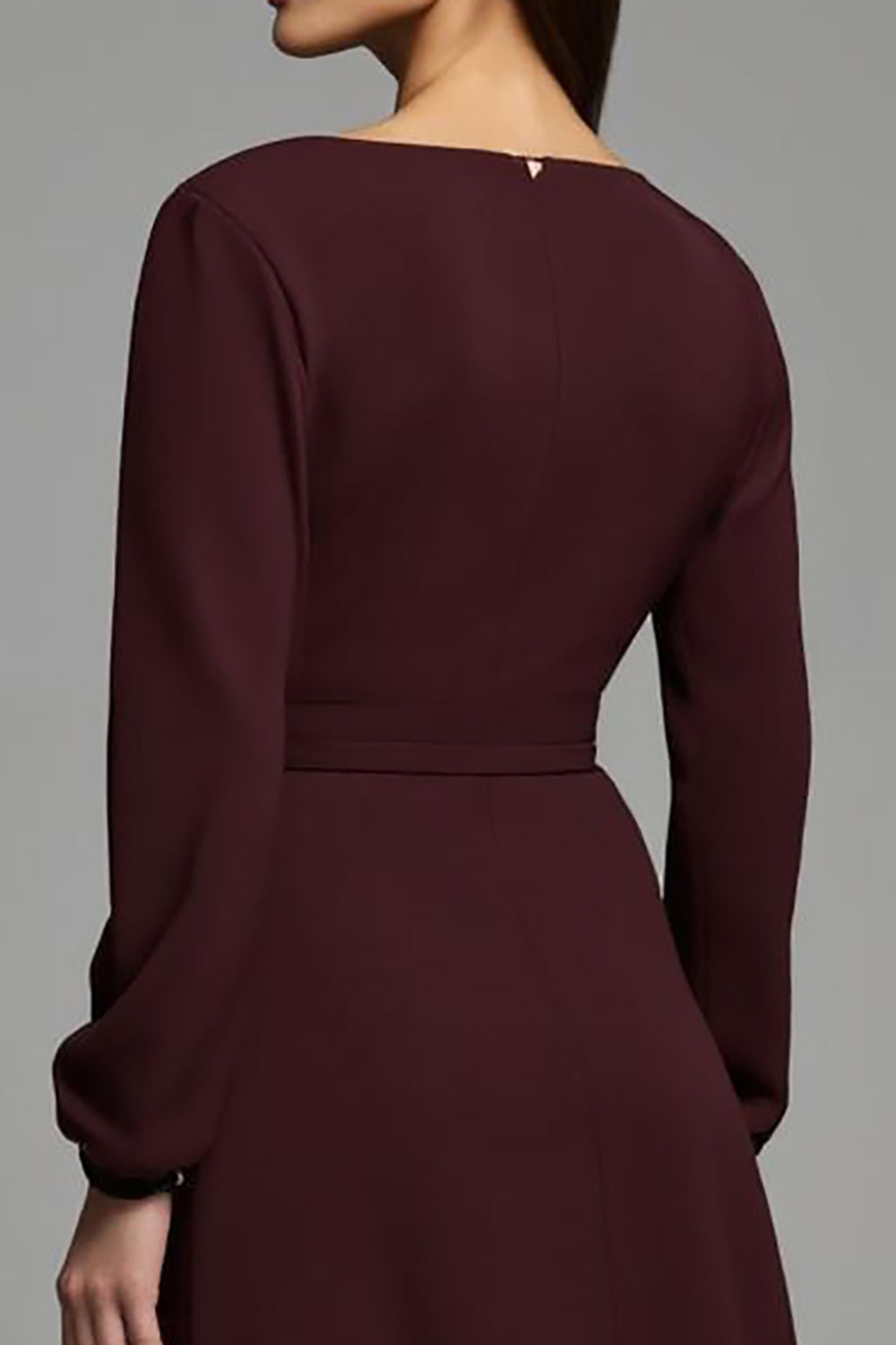 Cabernet Pencil Satin Bateau Long Sleeves Midi Work Dress with Slit