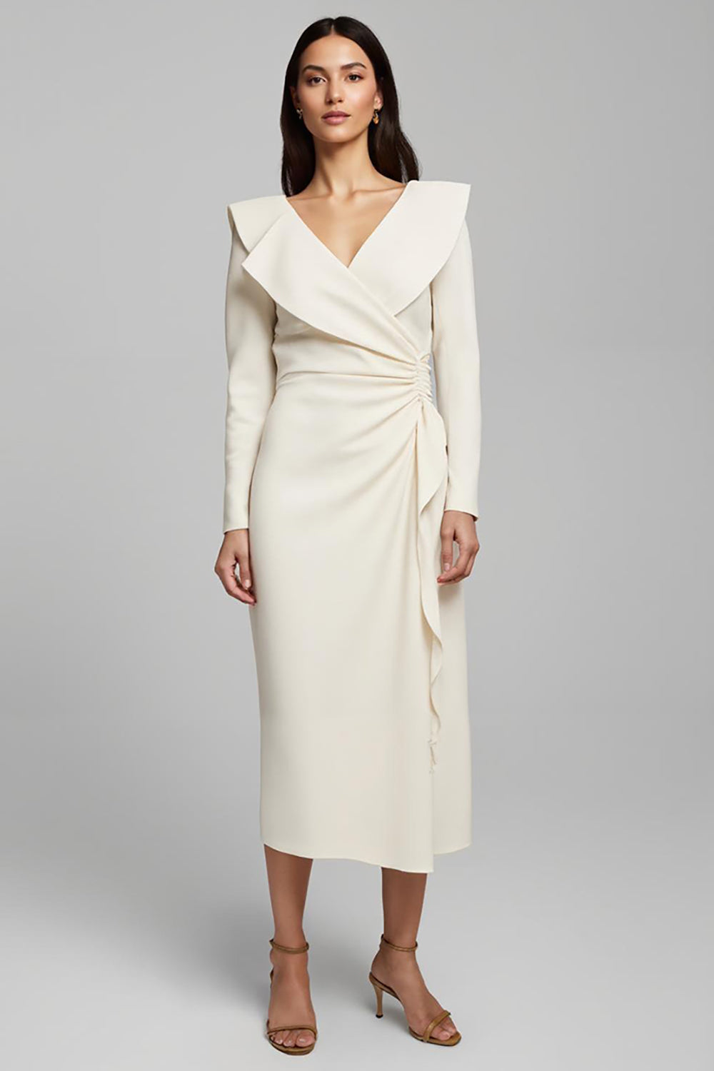 Ivory Sheath Satin V-Neck Ruffled Long Work Dress with Sleeves