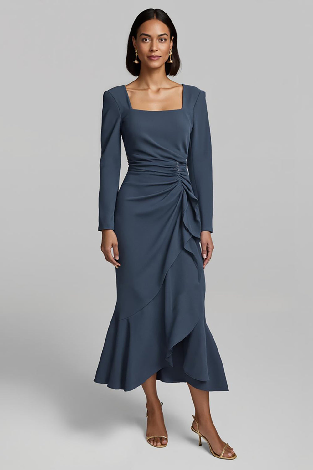 Twilight Sheath Ruched Ruffled Long Satin Work Dress with Sleeves