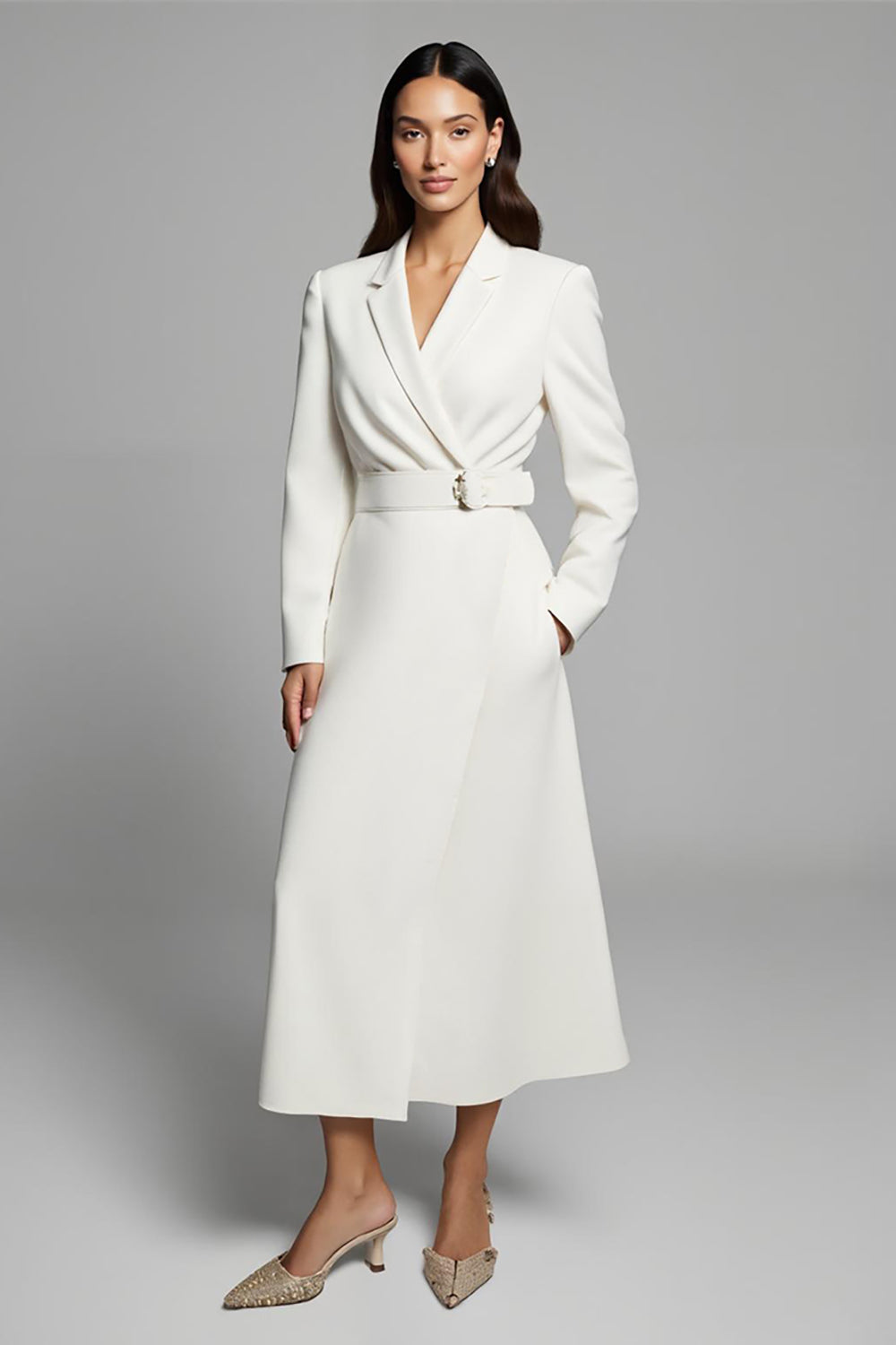Ivory Notched Lapel A Line Long Blazer Dress with Sleeves