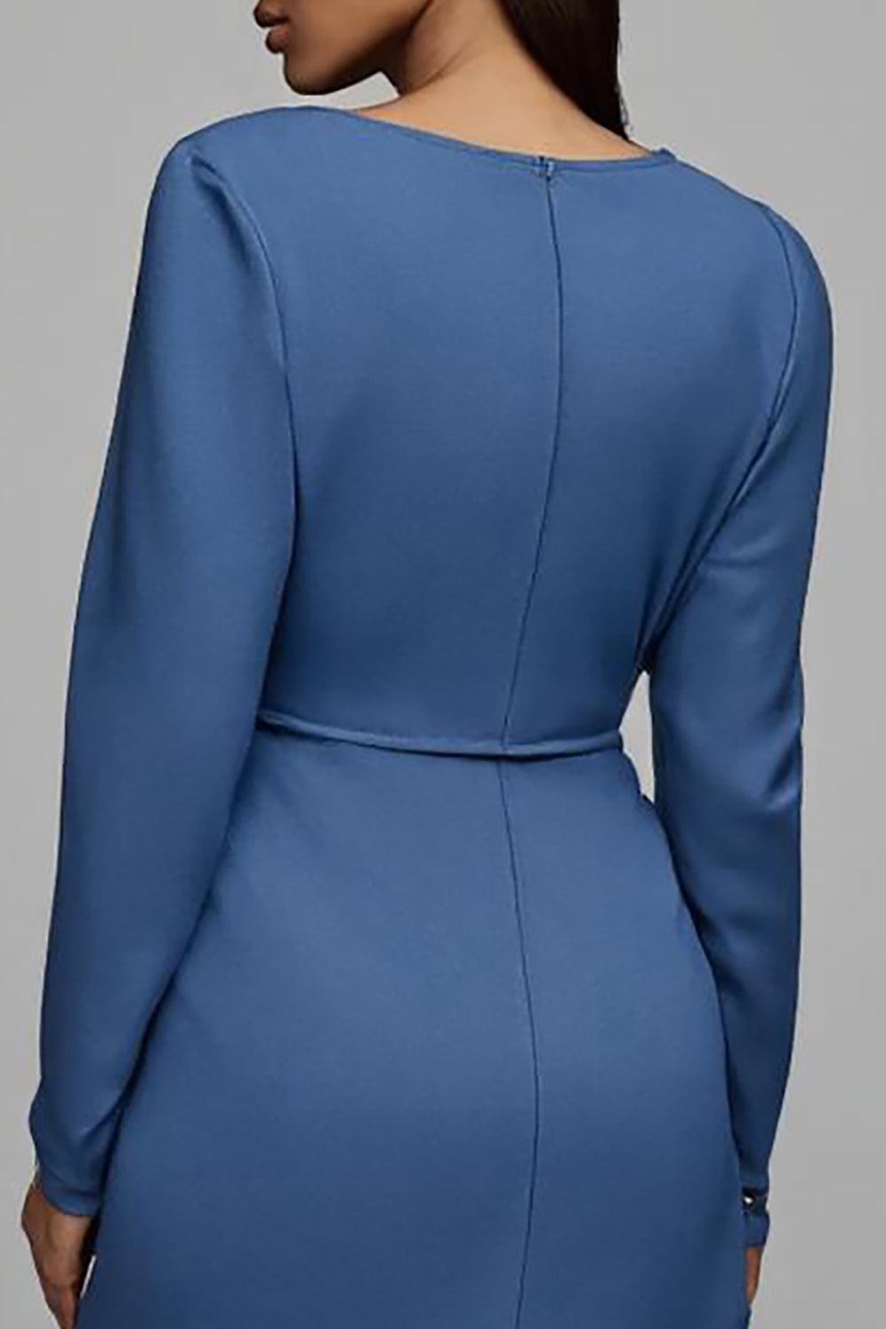 Dusty Blue Satin Sheath Midi Ruched Work Dress with Sleeves