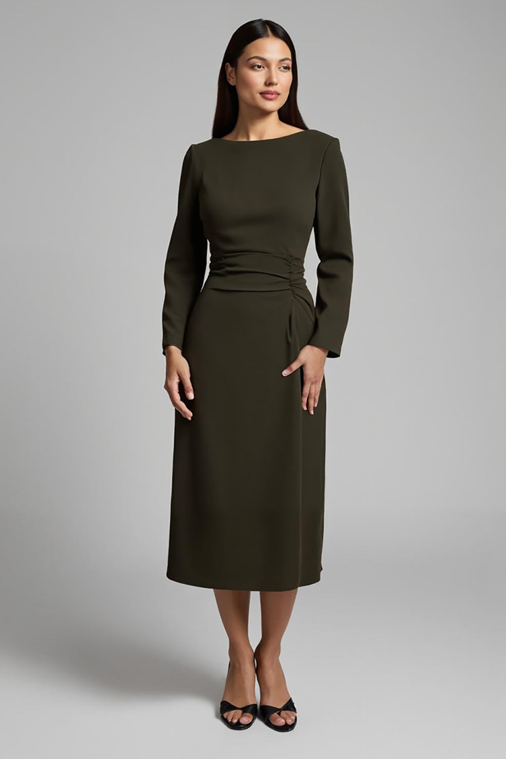 Dark Olive Boat Neck Long Satin Work Dress with Sleeves