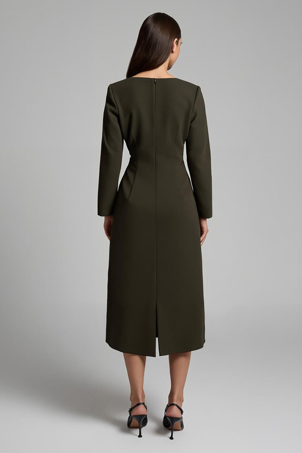 Dark Olive Boat Neck Long Satin Work Dress with Sleeves