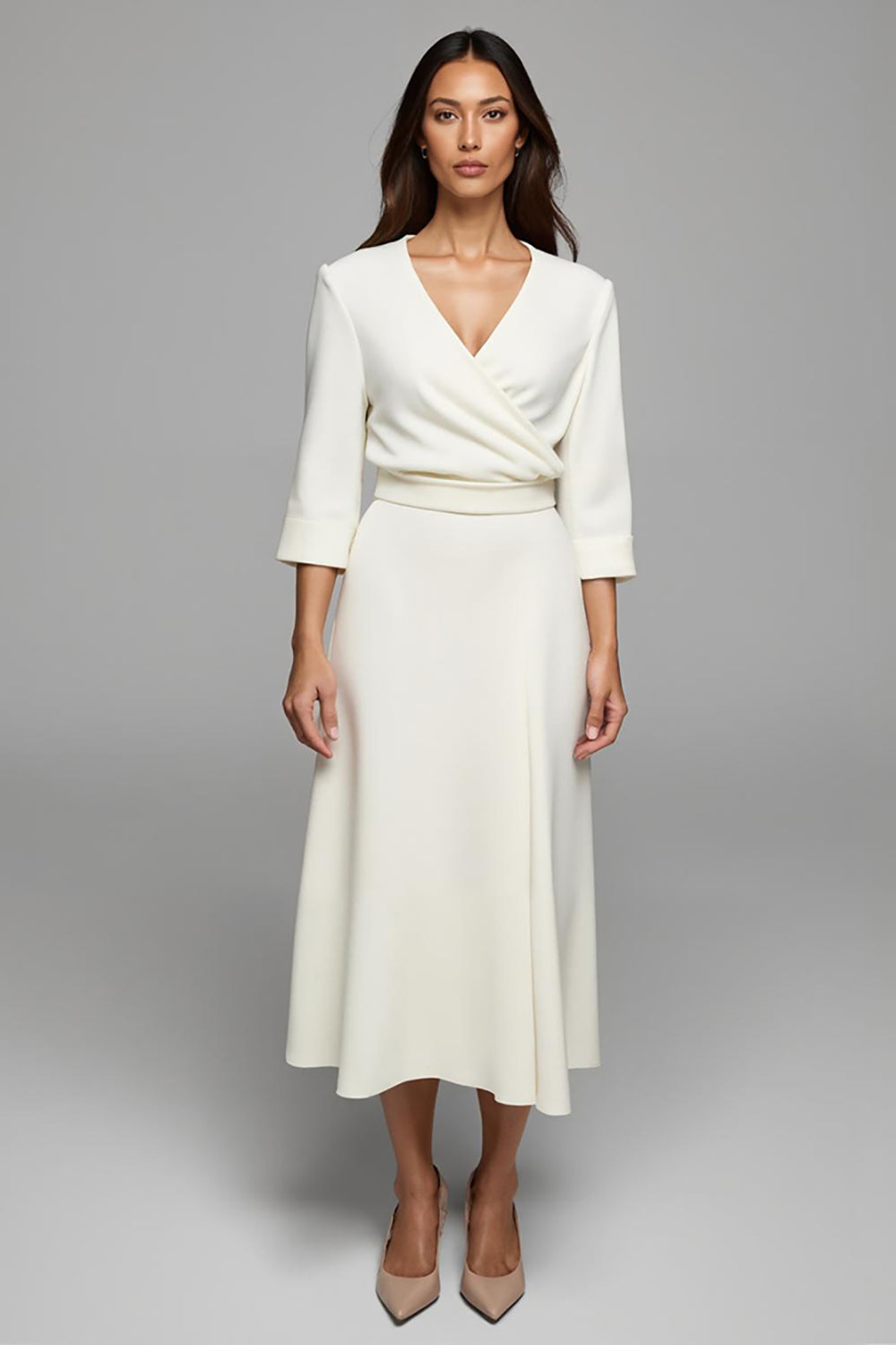 Ivory Satin A Line Long Ruched Work Dress with Sleeves