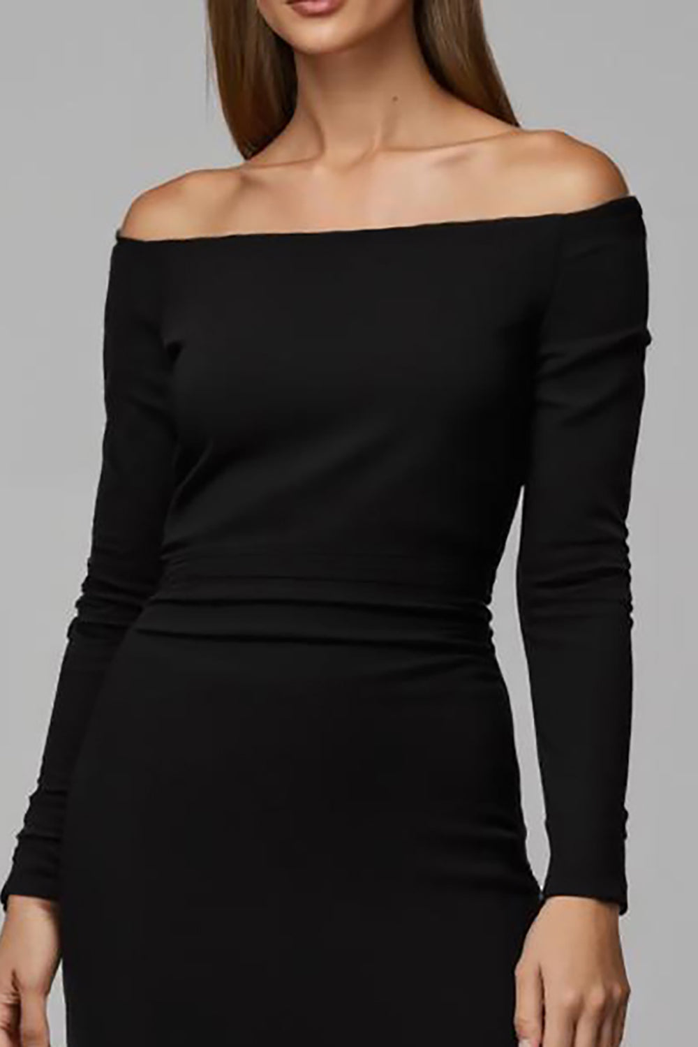 Black Satin Pencil Off The Shoulder Midi Work Dress with Sleeves