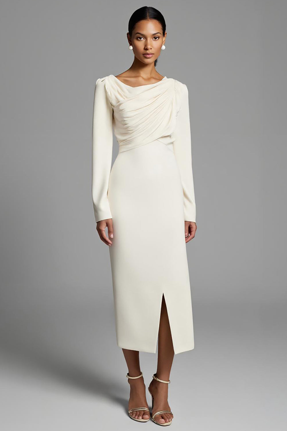 Ivory Ruched Sheath Long Sleeves Work Dress with Slit