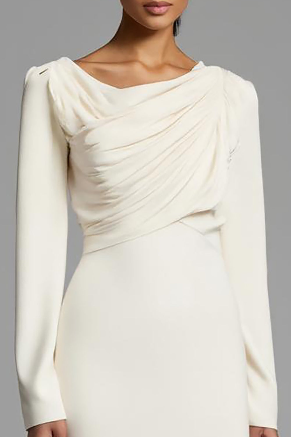 Ivory Ruched Sheath Long Sleeves Work Dress with Slit