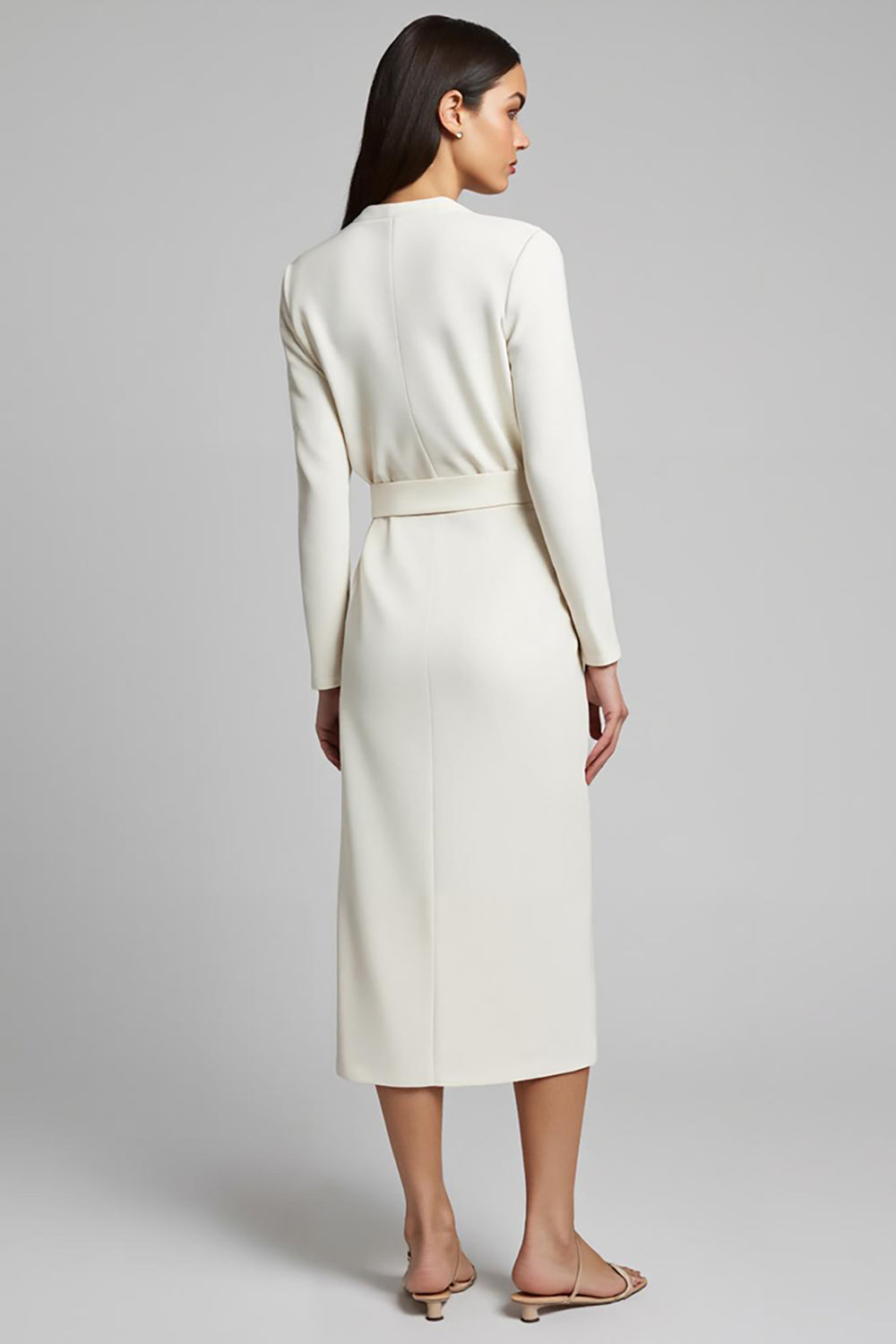 Ivory Satin Sheath Ruched Long Sleeves Midi Work Dress with Slit