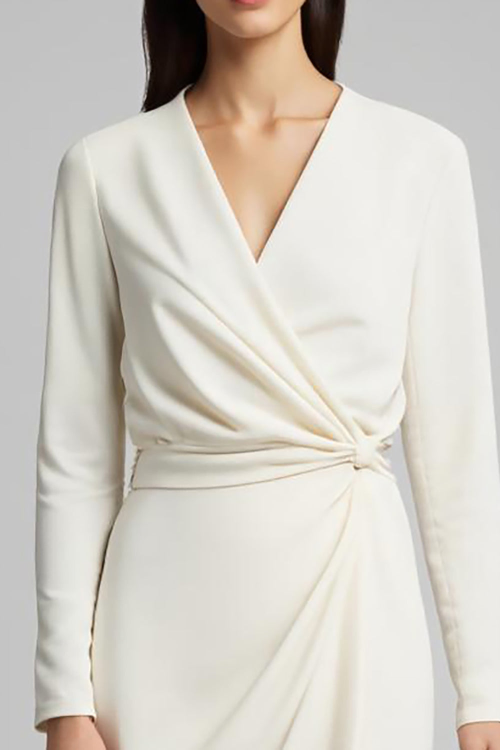 Ivory Satin Sheath Ruched Long Sleeves Midi Work Dress with Slit