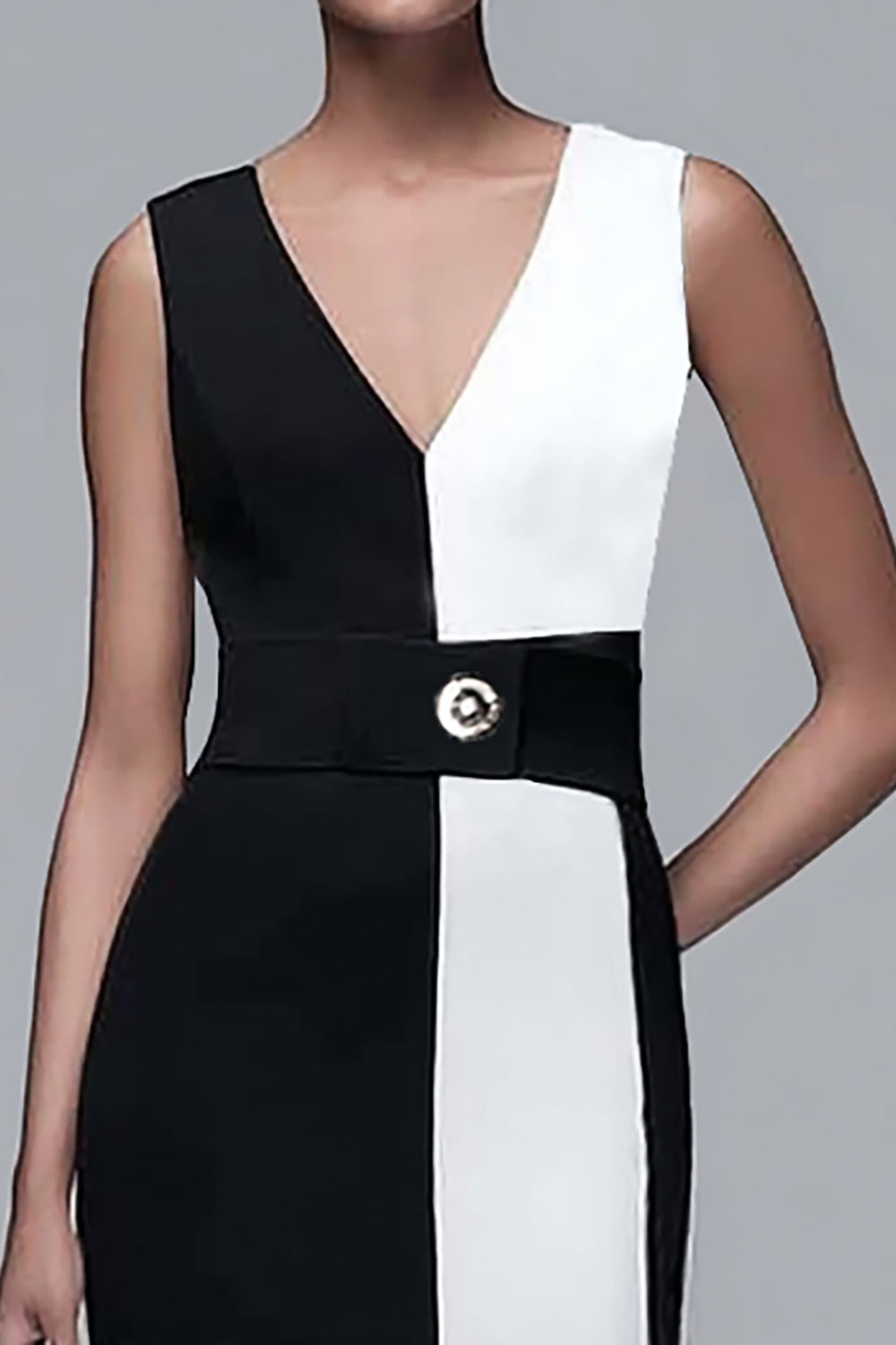 Simple Black and White Sheath V-Neck Long Work Dress with Belt