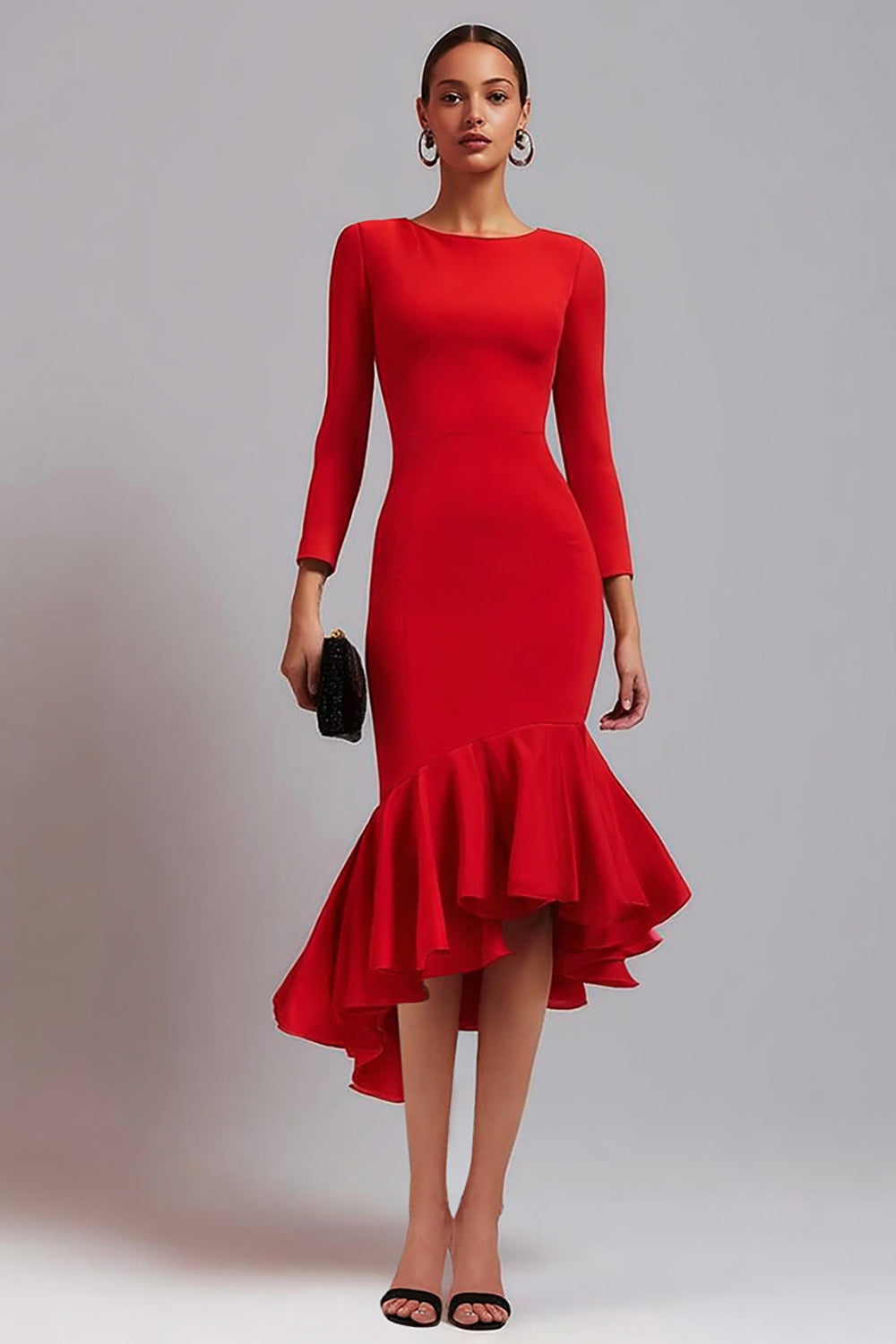 Red Satin Sheath Ruffled Long Midi Work Dress with Sleeves