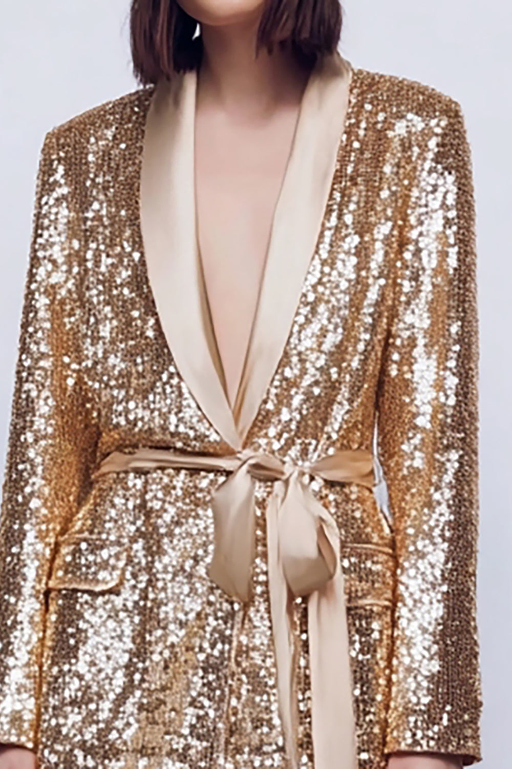 2 Piece Gold Sequins Sparkly Women Party Suits with Sash