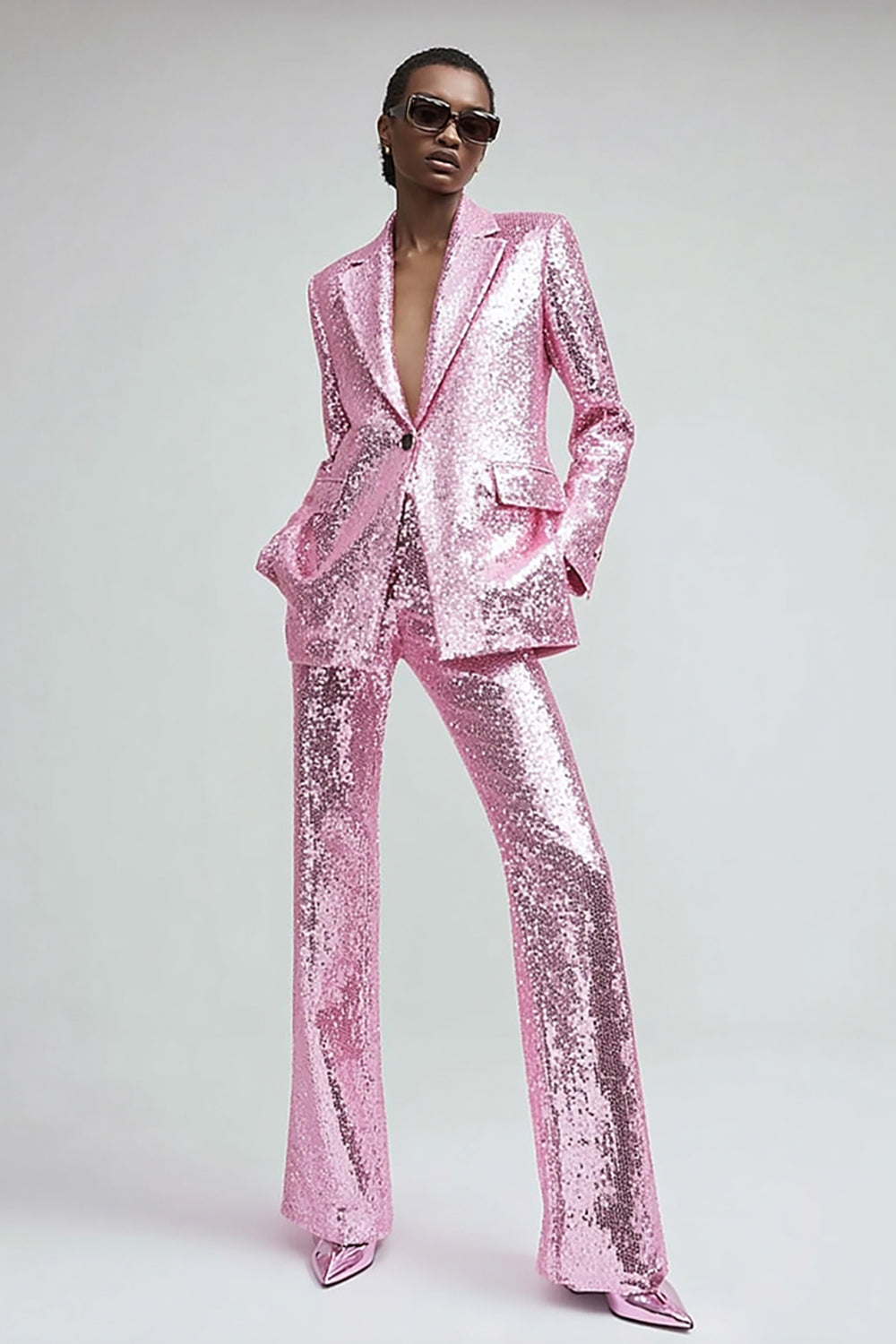 2 Piece Pink Sequins Sparkly Women Party Suits with Pockets