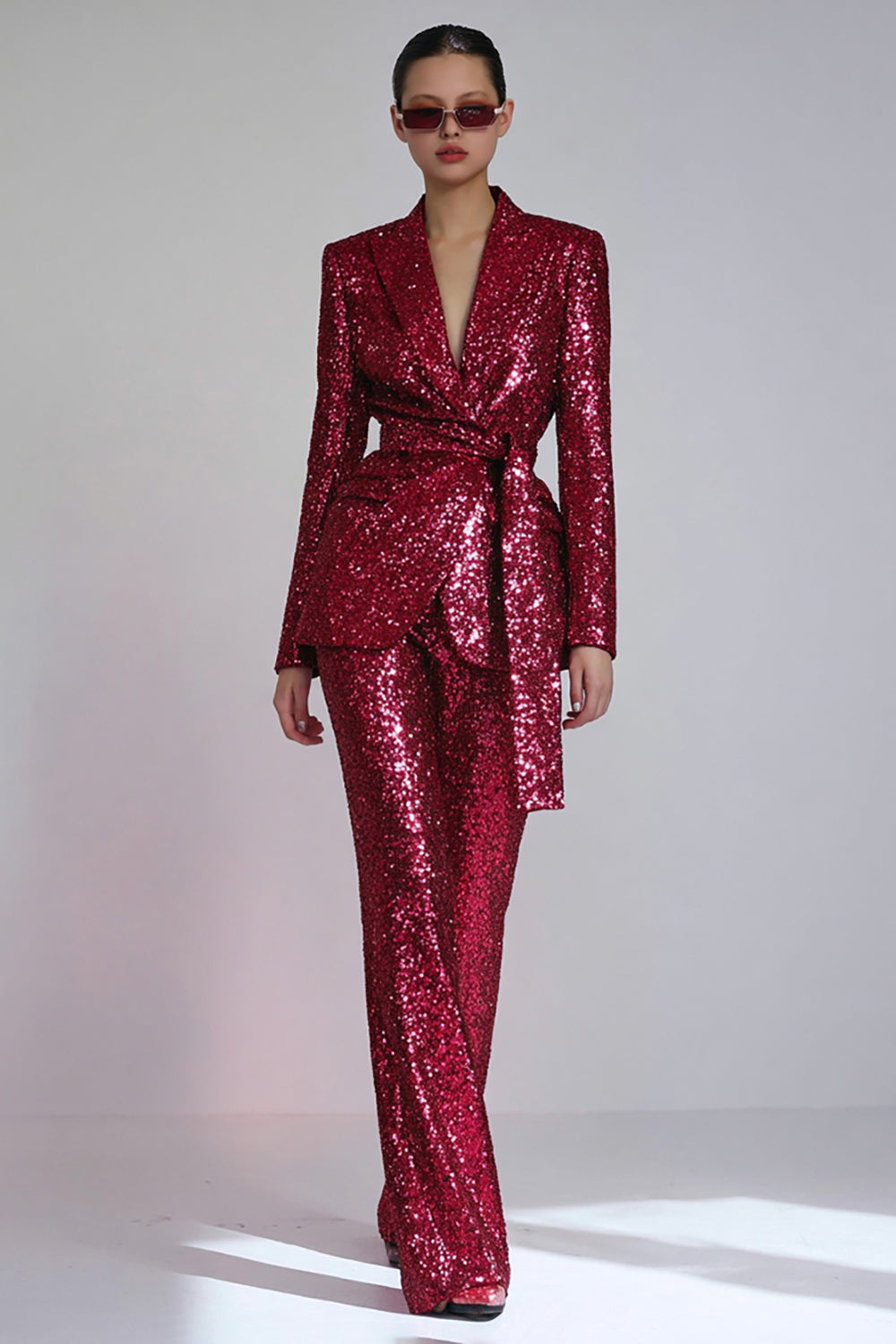 Red Sparkly 2 Piece Sequins Women Party Suits with Sash