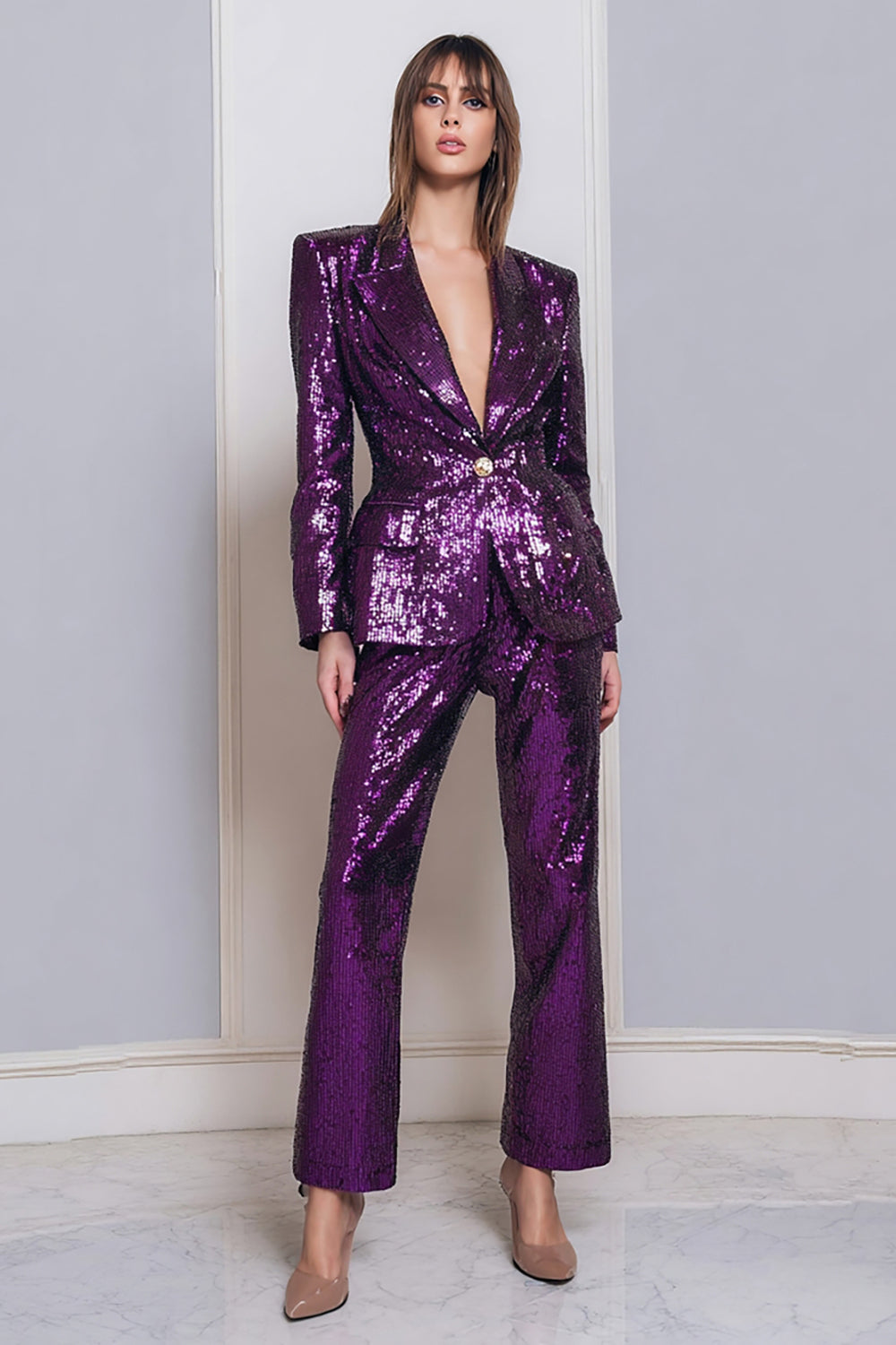 2 Piece Dark Purple Sparkly Sequins Women Party Suits with Pockets