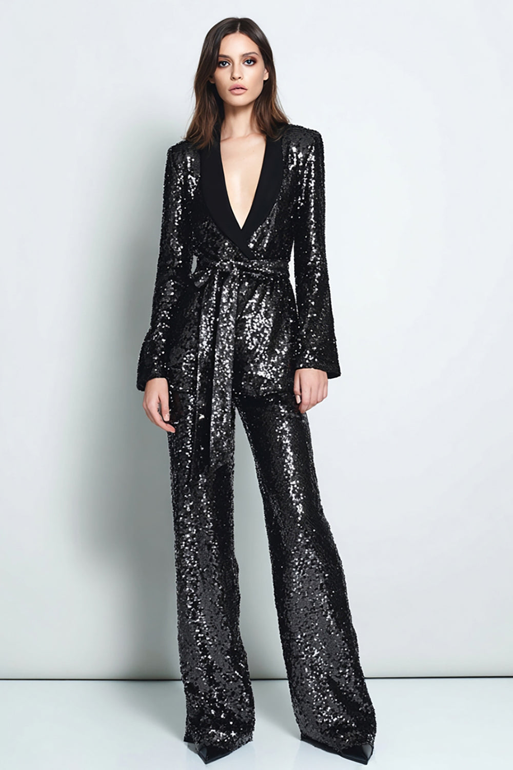 Sparkly 2 Piece Black Sequins Shawl Lapel Women Party Suits