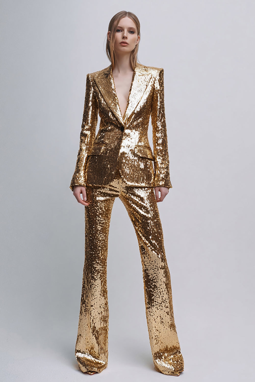 2 Piece Gold Sequins Peak Lapel Sparkly Women Party Suits