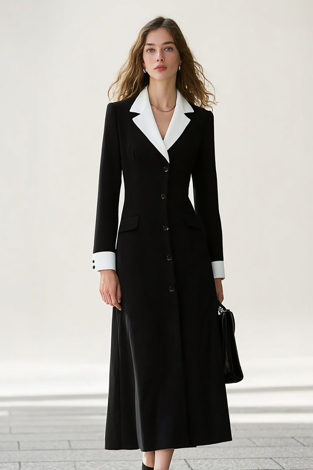 Black and White Notched Lapel A Line Long Blazer Dress