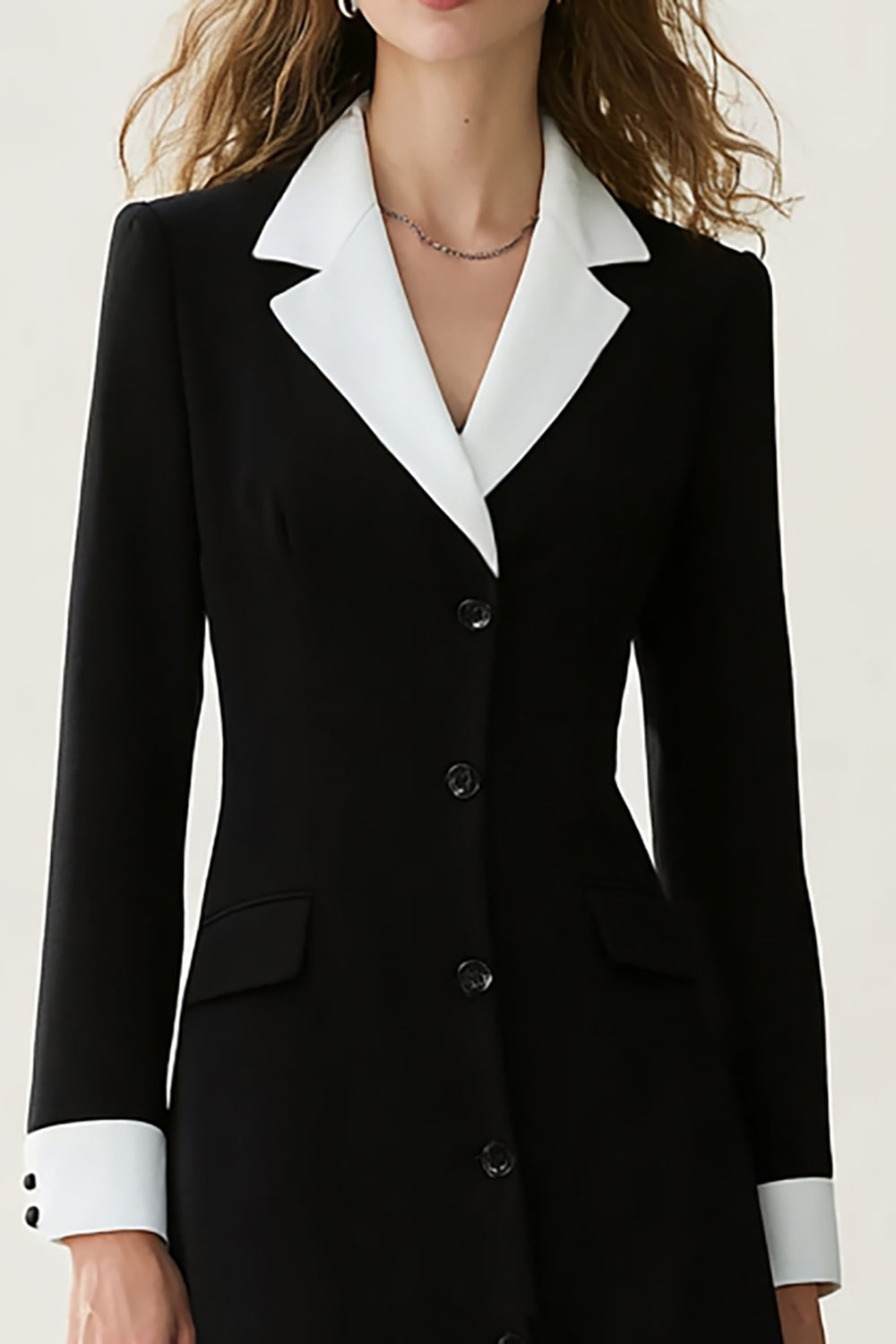 Black and White Notched Lapel A Line Long Blazer Dress