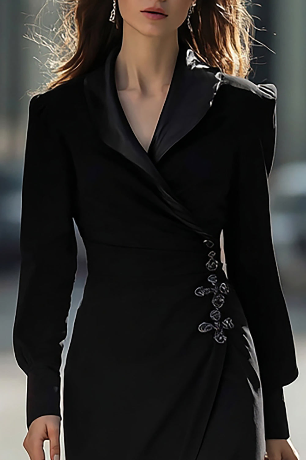 Elegant Black Sheath Midi Blazer Dress with Sleeves