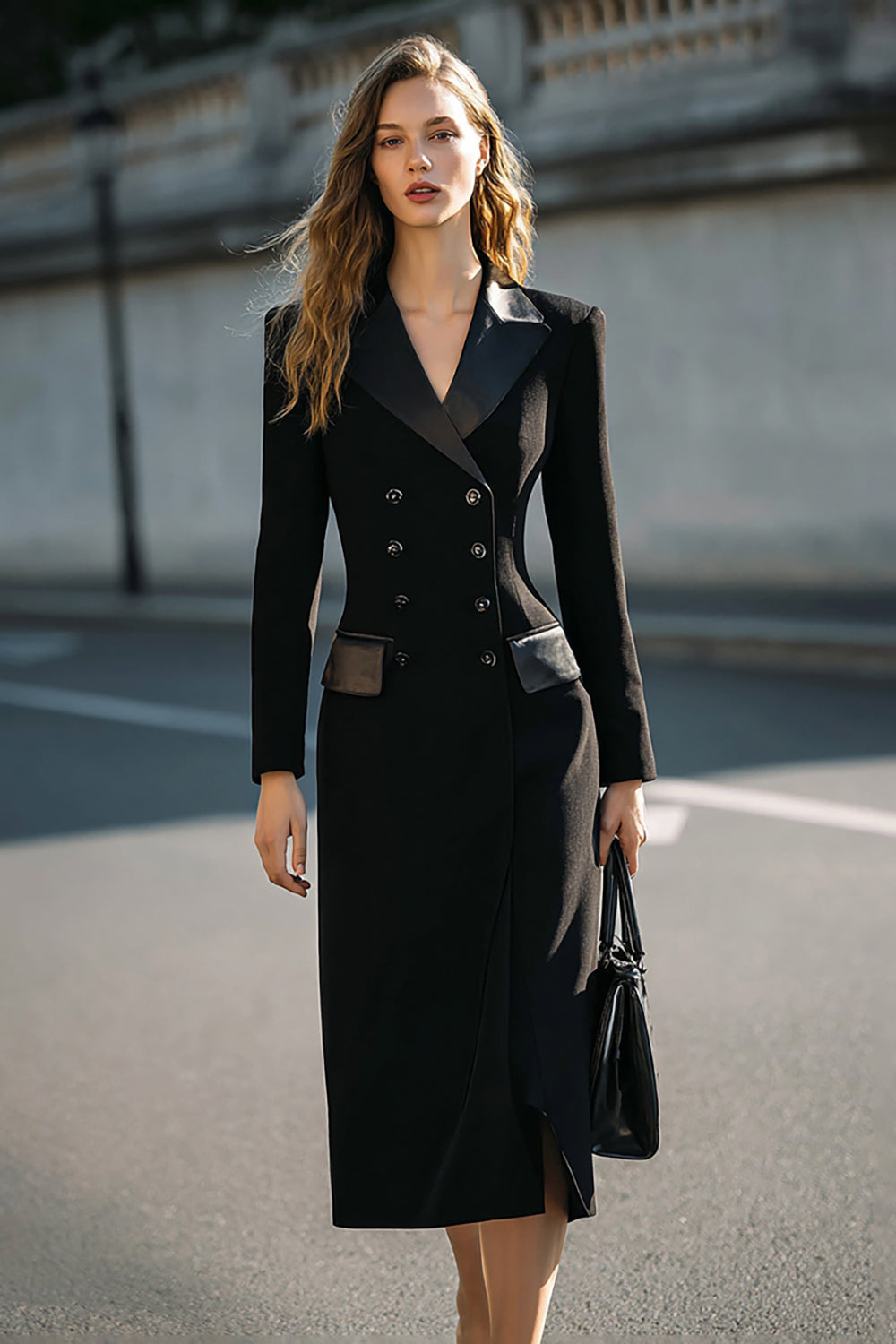 Black Double Breasted Pencil Midi Blazer Dress with Long Sleeves