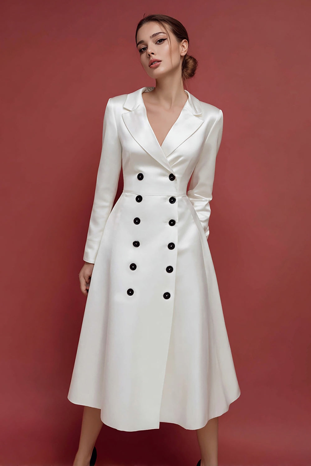 Ivory A Line Double Breasted Satin Midi Blazer Dress