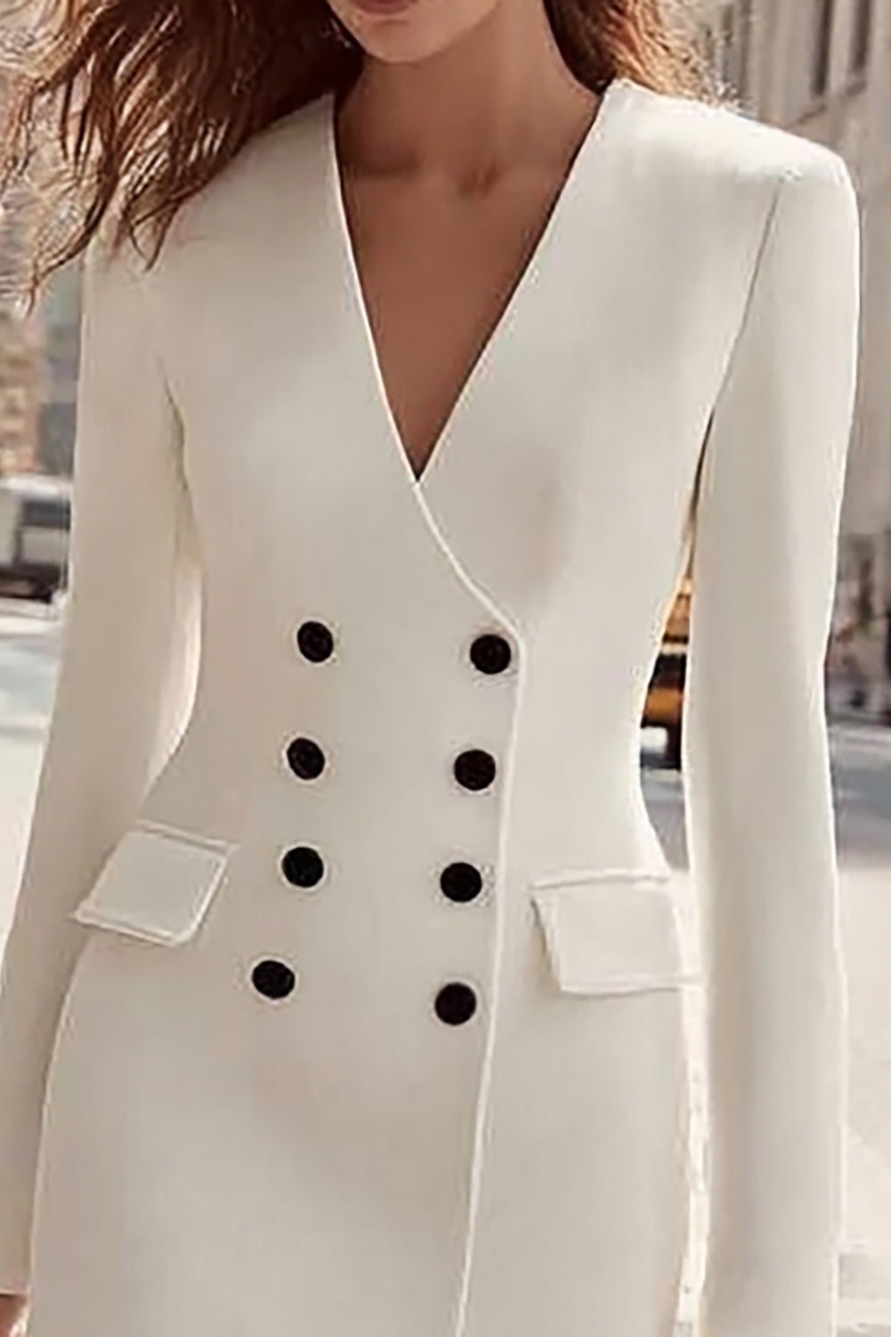 Ivory Satin V-Neck Double Breasted Midi Blazer Dress with Sleeves
