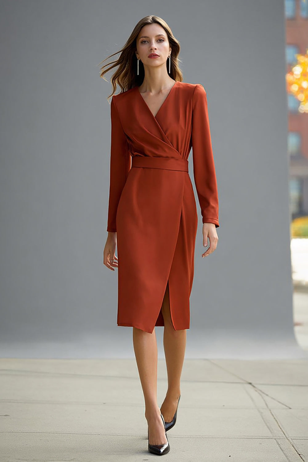 Terracotta Pencil V-Neck Satin Midi Work Dress with Slit
