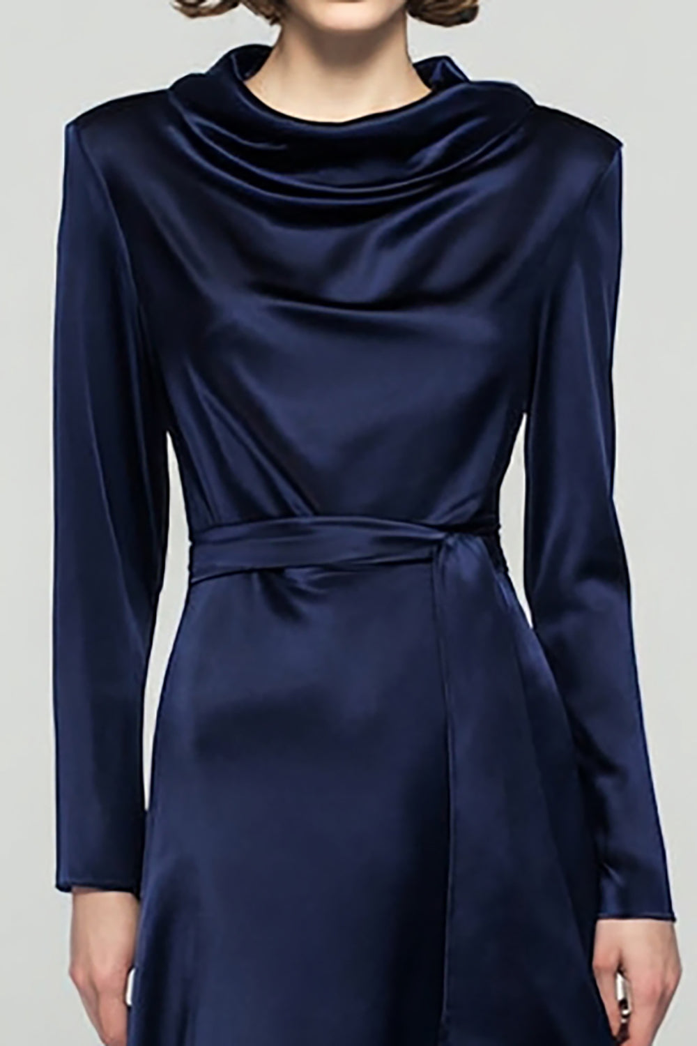 Navy Satin A Line Cowl Neck Long Sleeves Work Dress with Sash