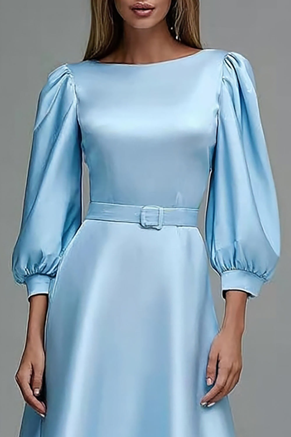 Sky Blue Satin Boat Neck Midi Work Dress with Sleeves