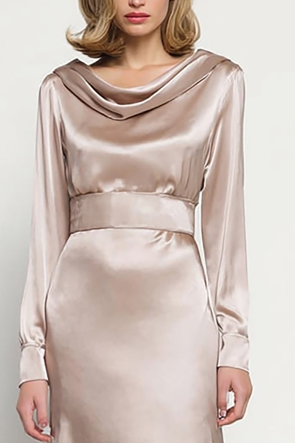 Champagne Satin Sheath Cowl Neck Long Sleeves Work Dress