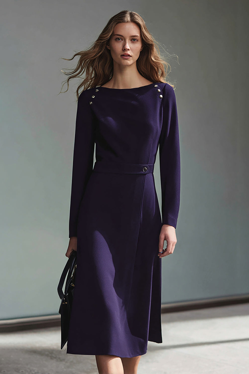 Dark Purple Pencil Bateau Neck Midi Work Dress with Sleeves
