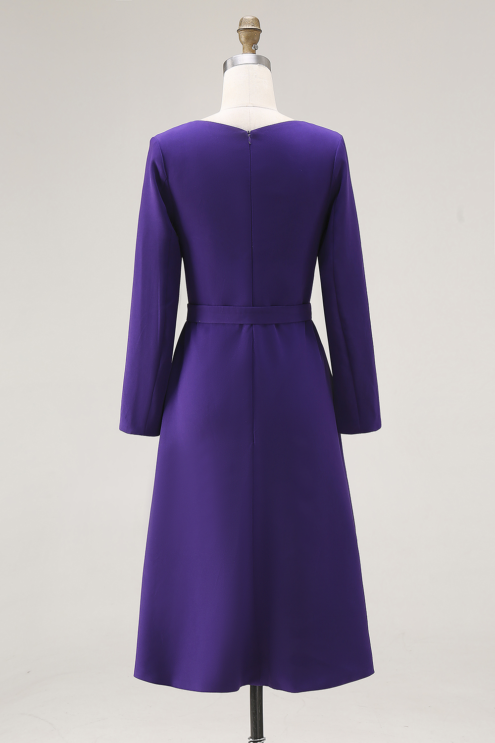 Dark Purple A-Line Bateau Neck Midi Work Dress with Sleeves