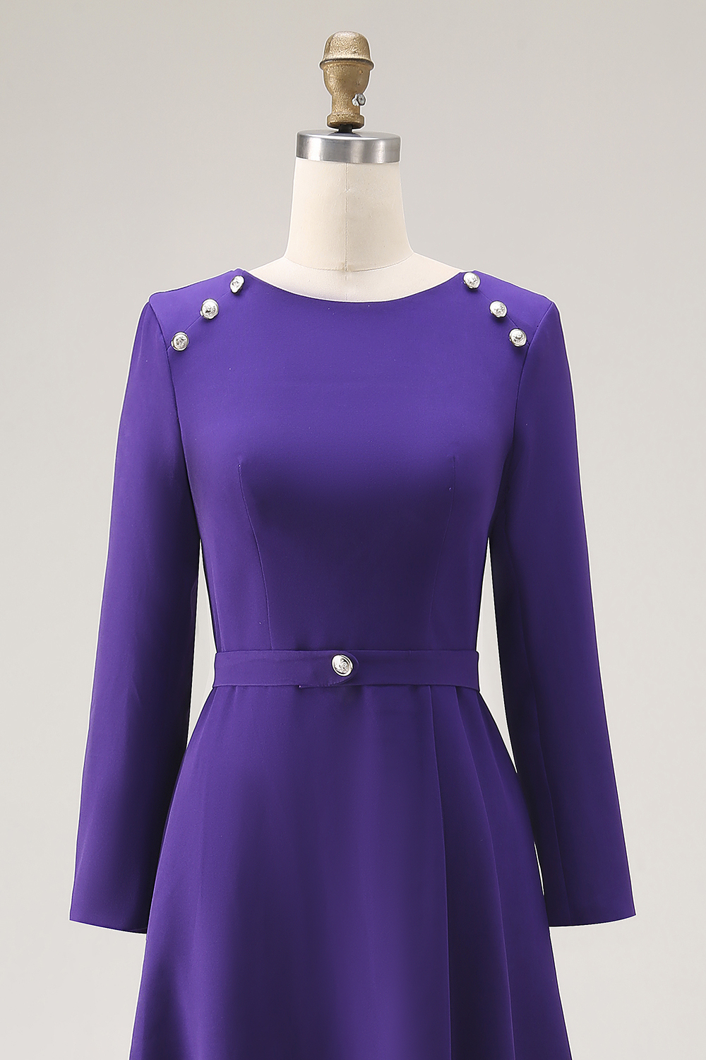 Dark Purple Bateau Neck A-Line Midi Work Dress with Sleeves