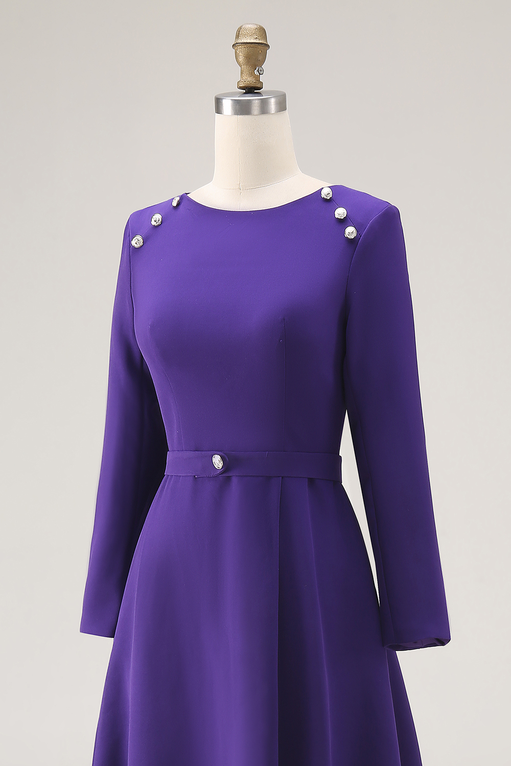 Dark Purple Bateau Neck A-Line Midi Work Dress with Sleeves