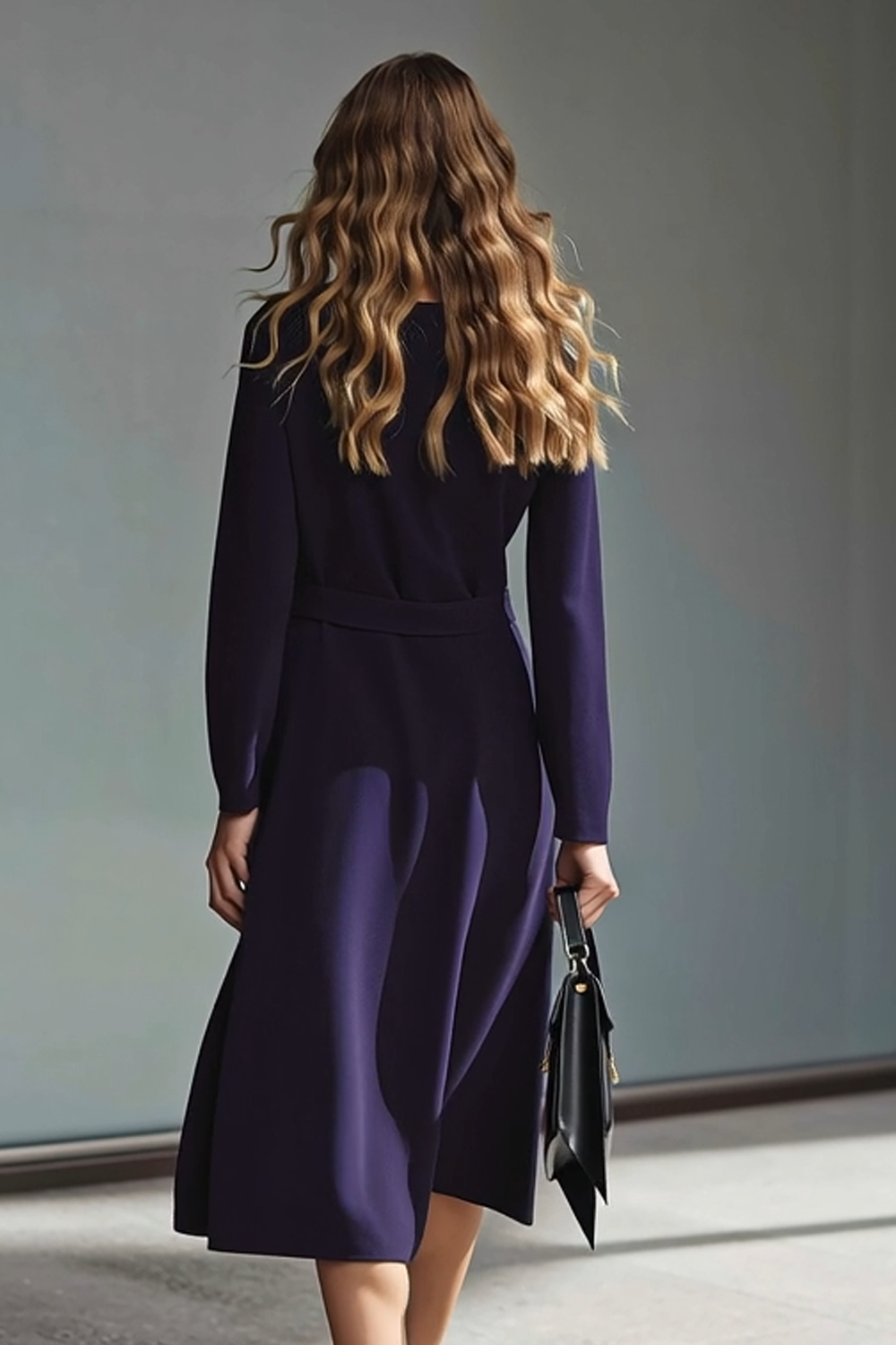 Dark Purple Pencil Bateau Neck Midi Work Dress with Sleeves