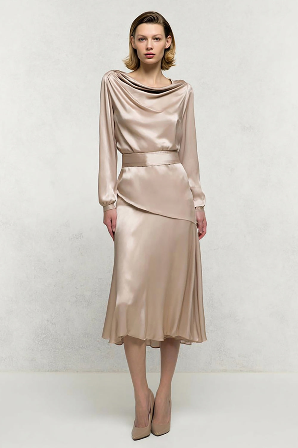 Champagne Satin Cowl Neck Pencil Midi Work Dress with Sleeves