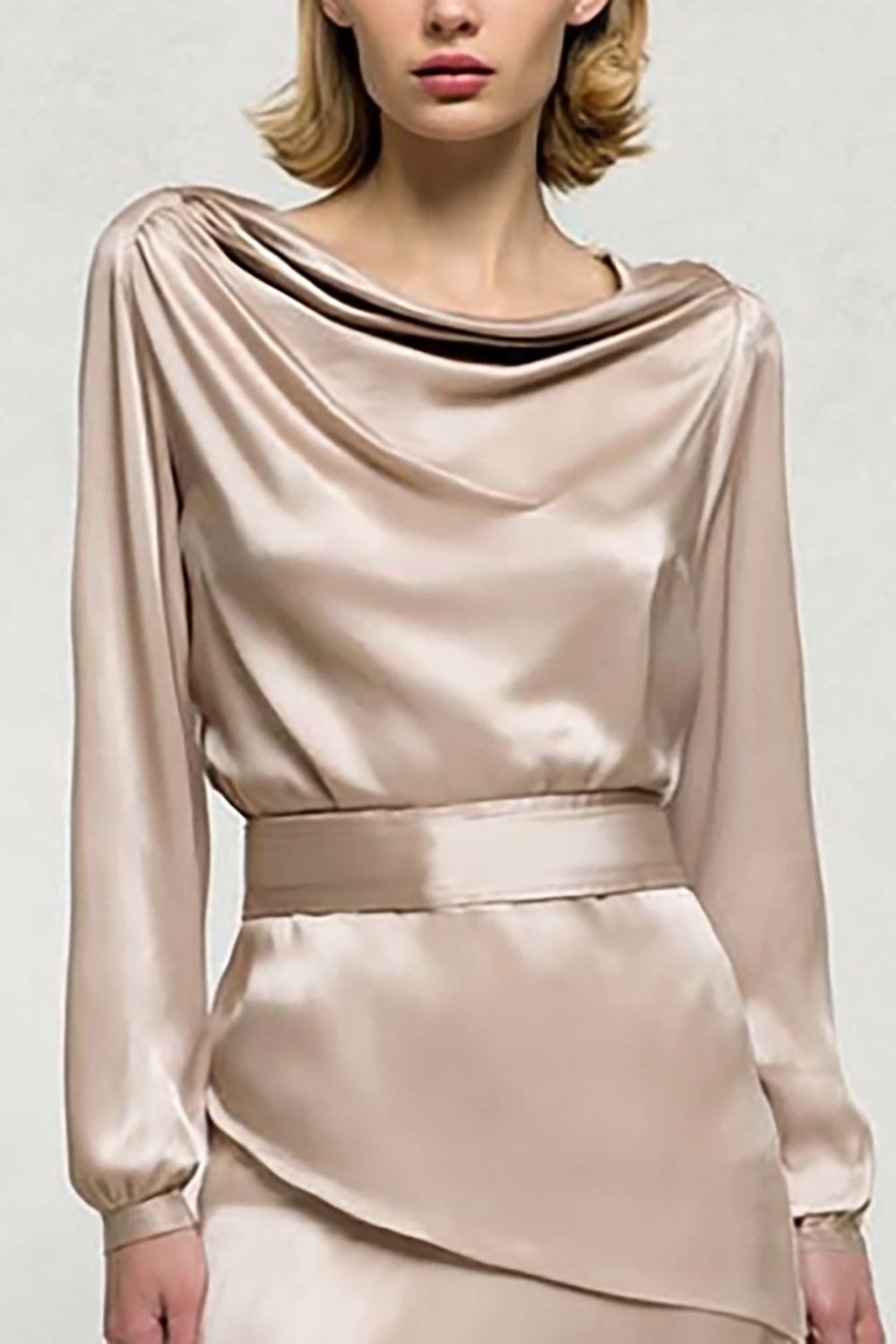 Champagne Satin Cowl Neck Pencil Midi Work Dress with Sleeves