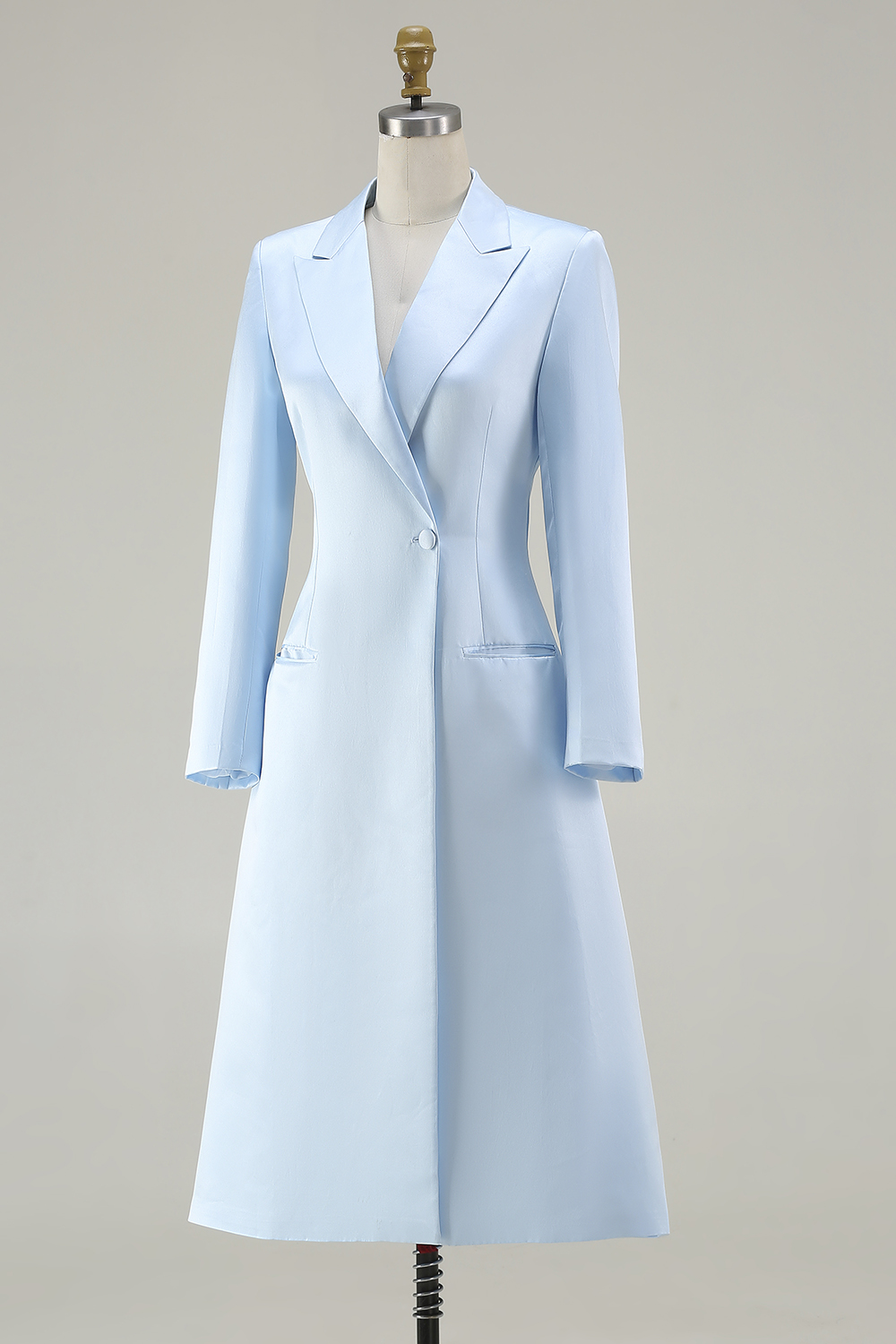 Sky Blue Peak Lapel Pencil Single Breasted Midi Blazer Dress with Pockets