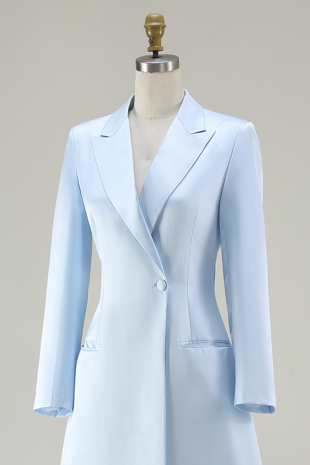 Sky Blue Peak Lapel Pencil Single Breasted Midi Blazer Dress with Pockets