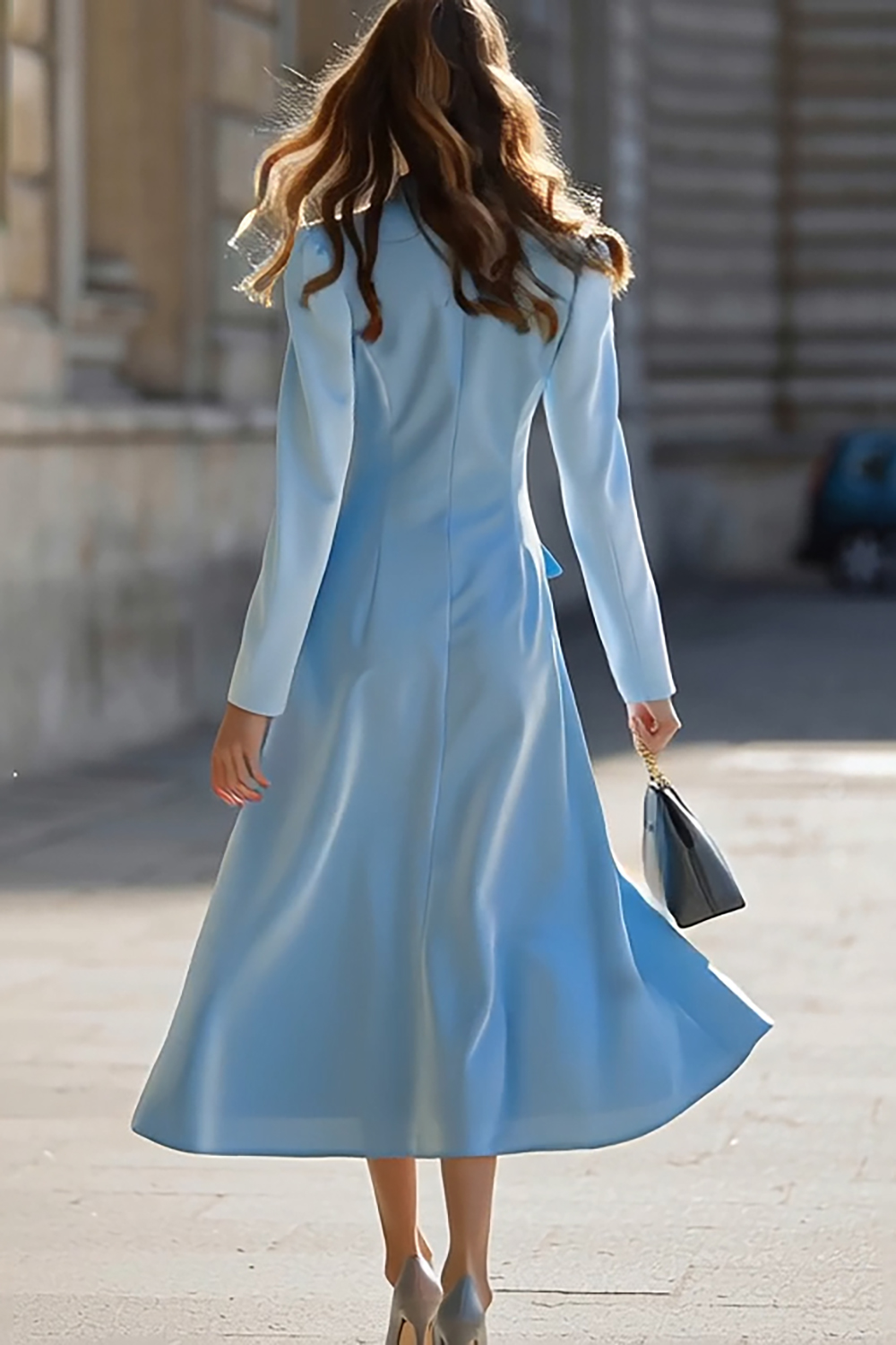 Sky Blue Peak Lapel Pencil One Button Midi Blazer Dress with Pockets