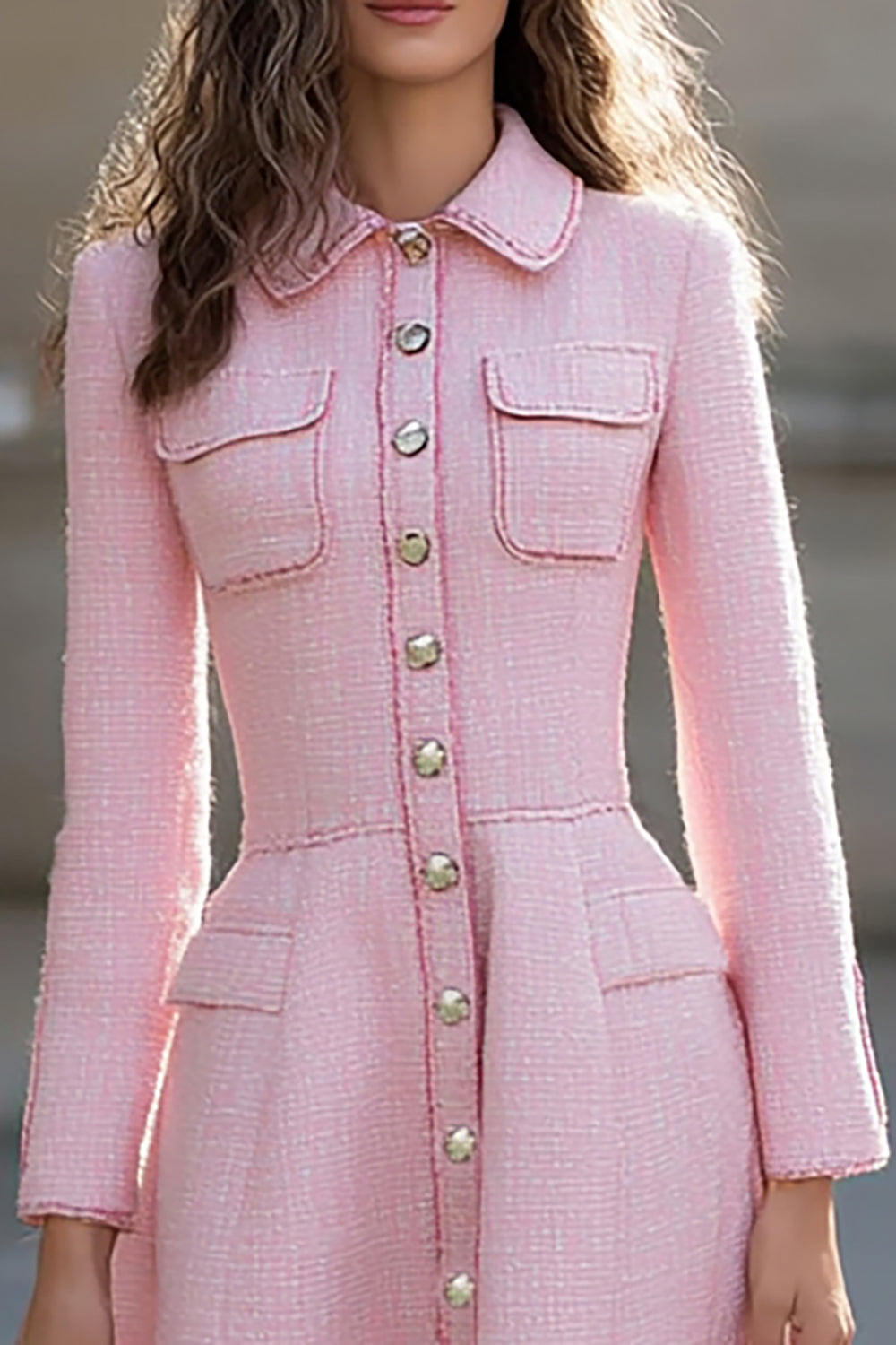 Pink Collar A Line Tweed Midi Work Dress with Long Sleeves