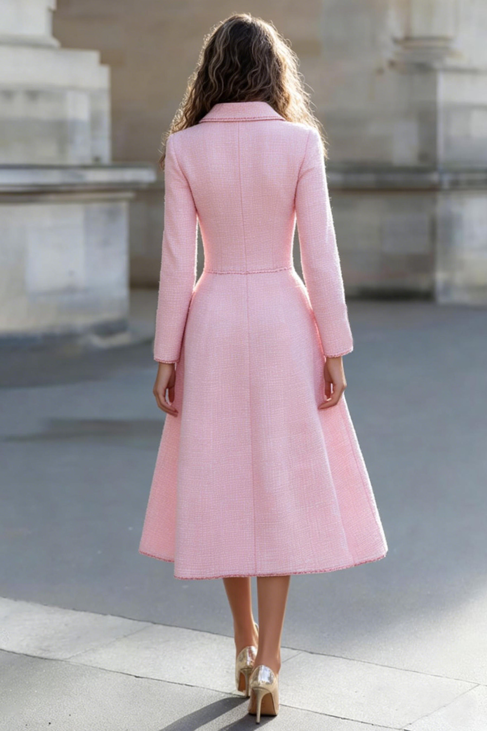 Pink Collar A Line Tweed Long SleevesMidi Work Dress with Pockets