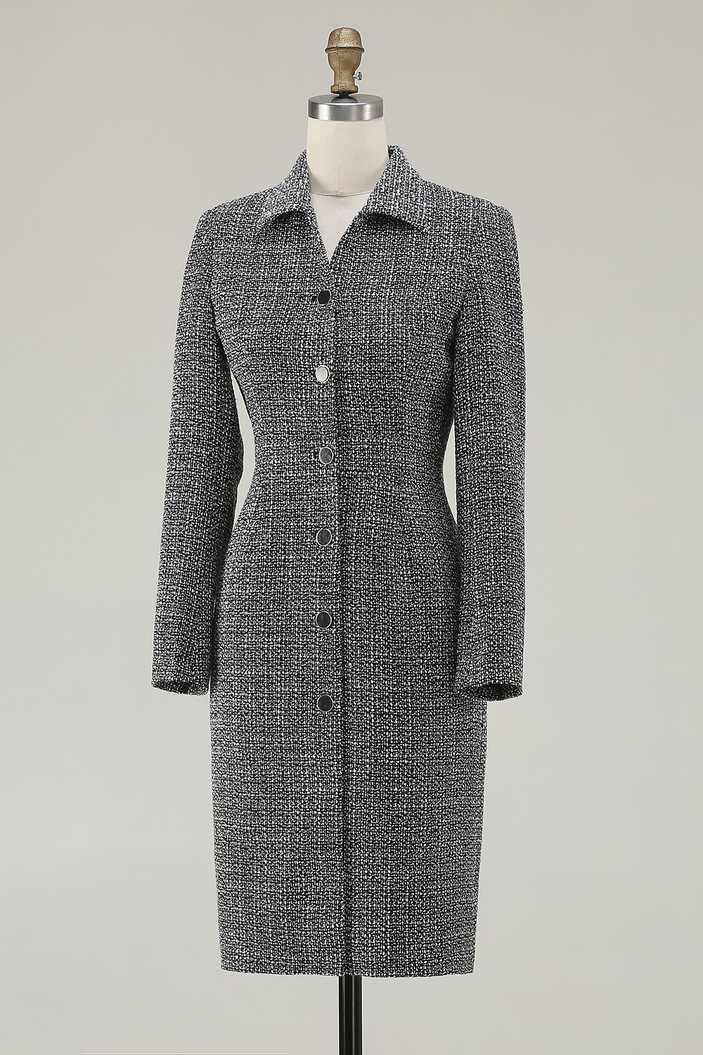 Dark Grey Tweed Collar Neck Pencil Midi Work Dress with Sleeves