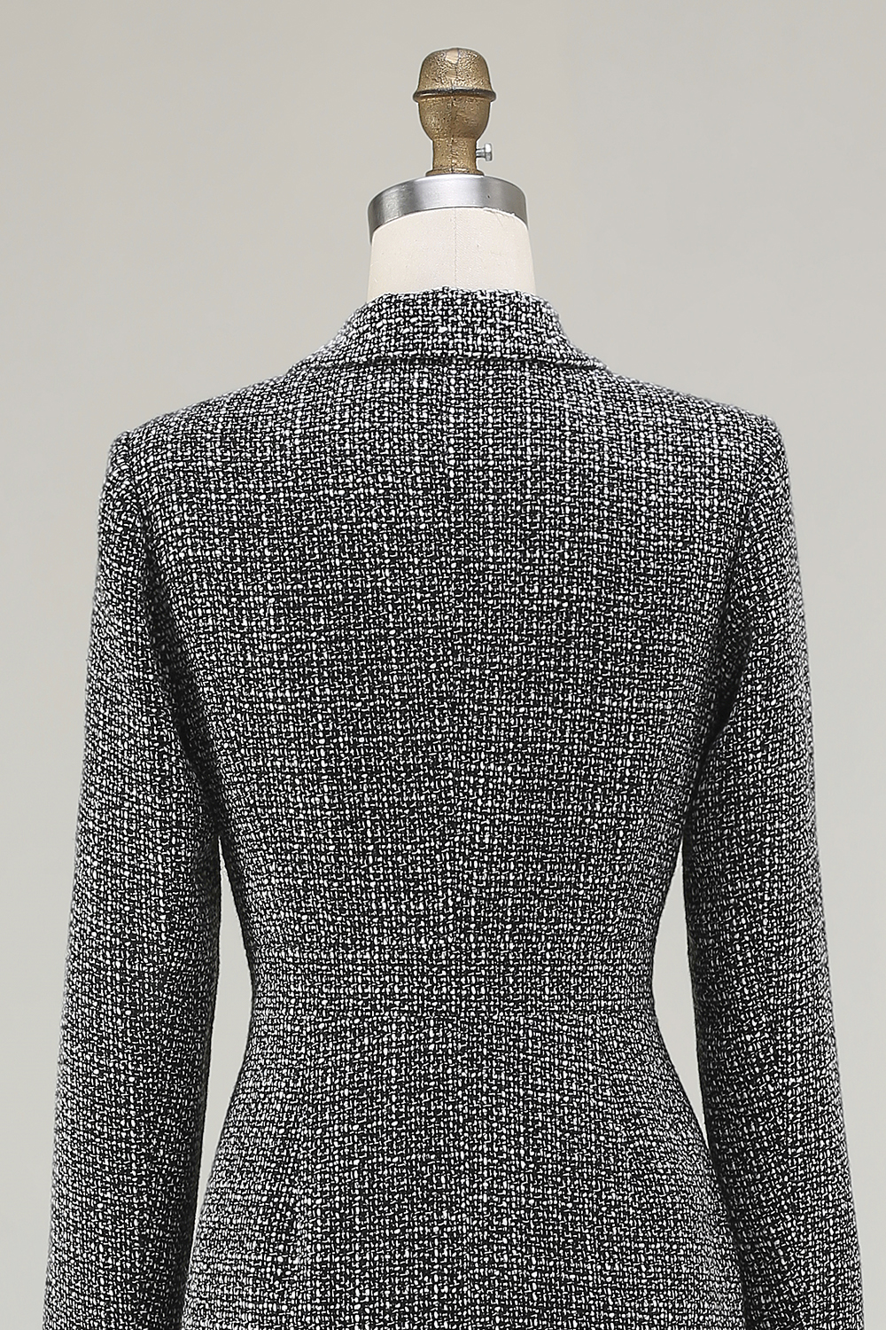 Dark Grey Tweed Collar Neck Pencil Midi Work Dress with Sleeves